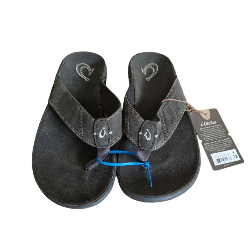 OluKai Nui Men’s Flip Flop Sandals Full Grain Leather Gray Size 12 NEW